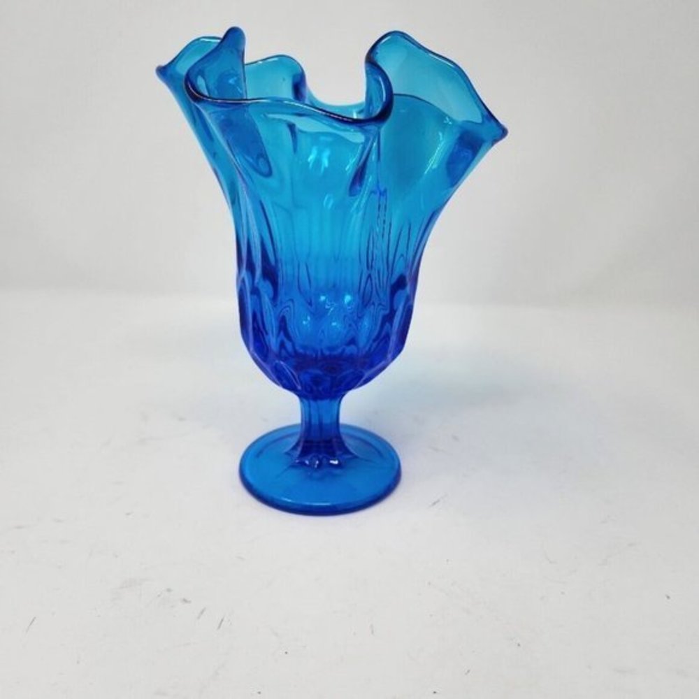 Vtg‎ Fenton Swung Stretch Handkerchief Pedestal Thumb Print Colonial Blue Vase - Picture 2 of 12